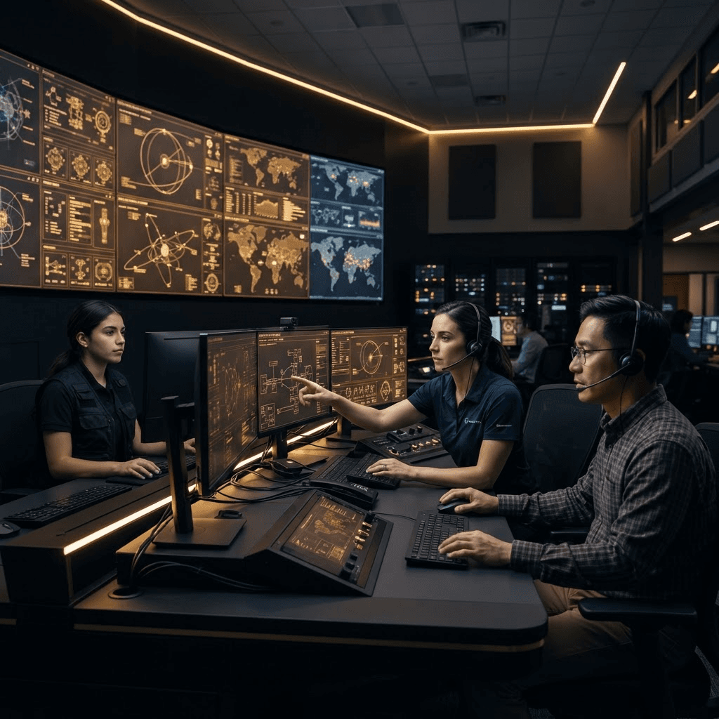 Engineers working in a modern systems integration control room